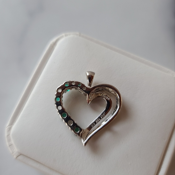 925 10K Gold White Spinal Green CZ Open Heart Pendant - Picture 7 of 10